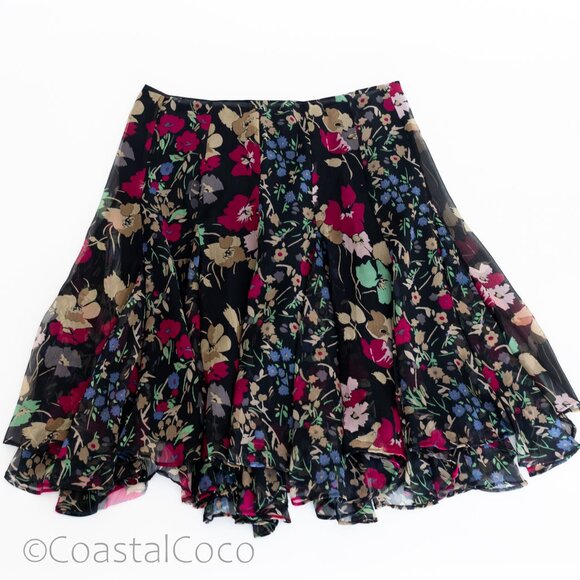 Ralph Lauren Georgette Black Floral Skirt 6 Midi Hanky Ruffled Fairy Festival - Picture 2 of 8